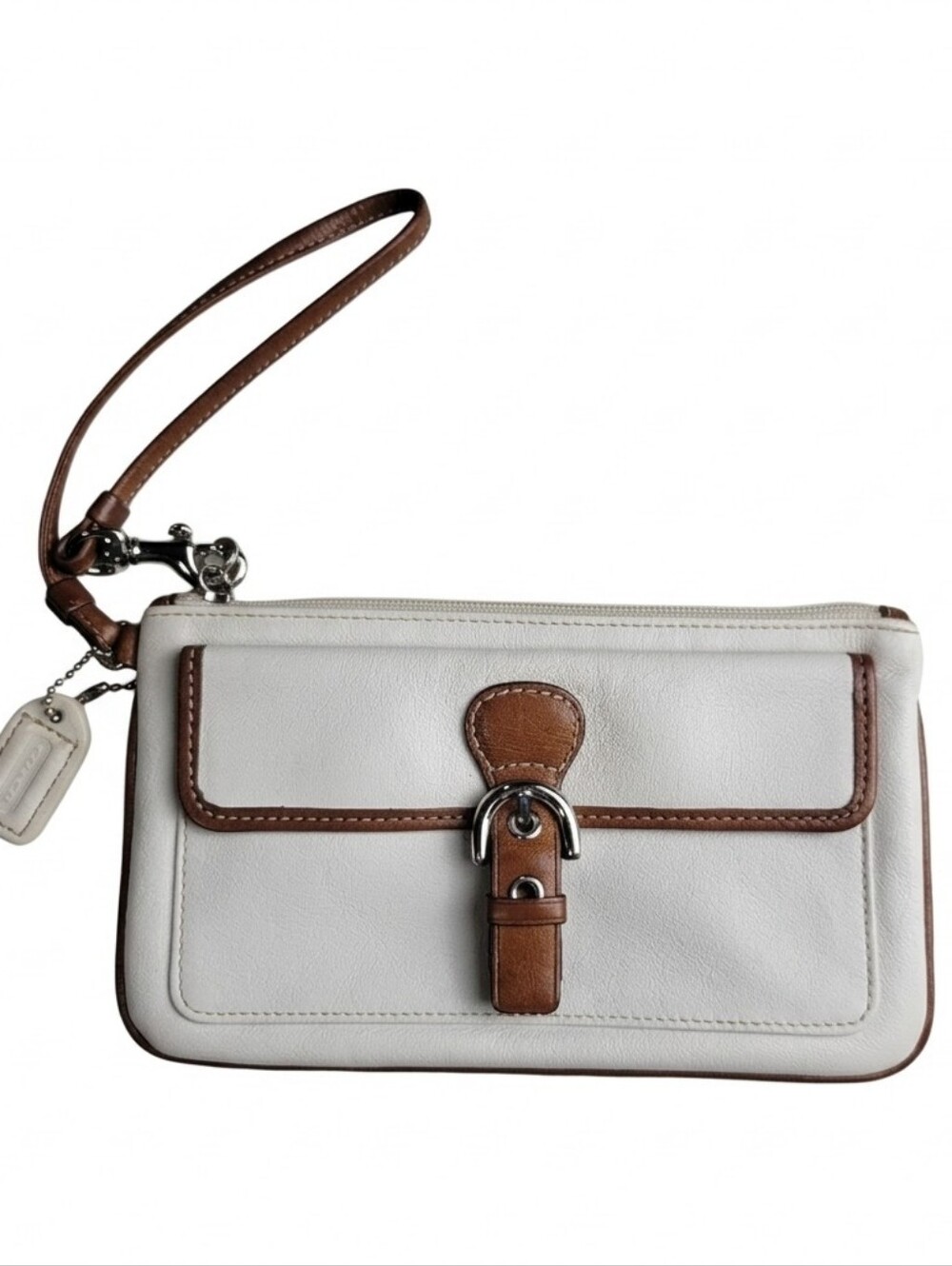 COACH White Leather Wristlet Brown Trim Clutch